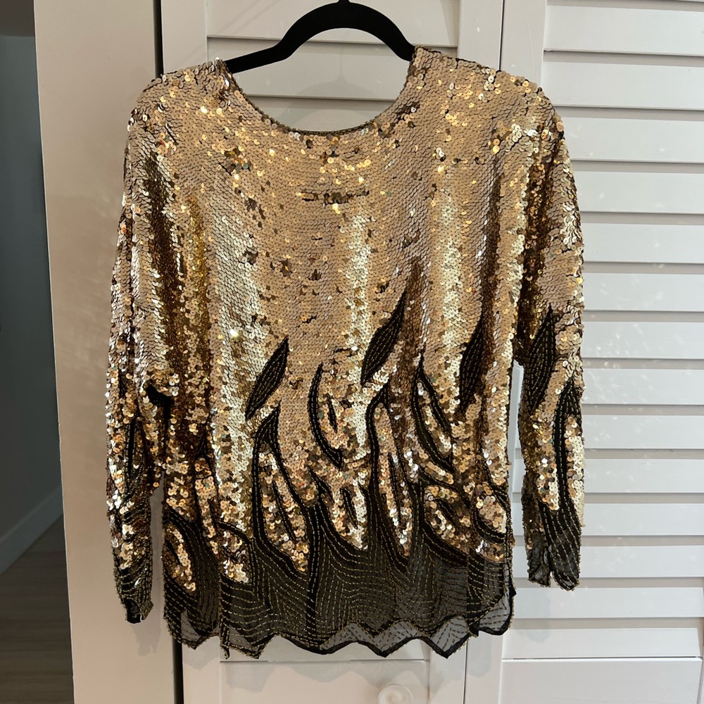 Vintage beaded, embellished, sequined gold and black long sleeve top.